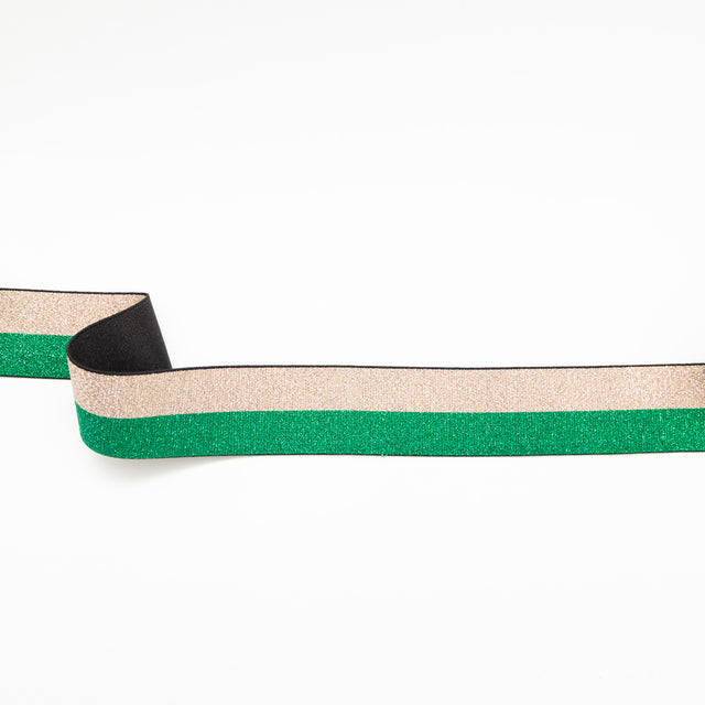 Italian Metallic Green and Gold Striped Elastic Ribbon - 1.625"