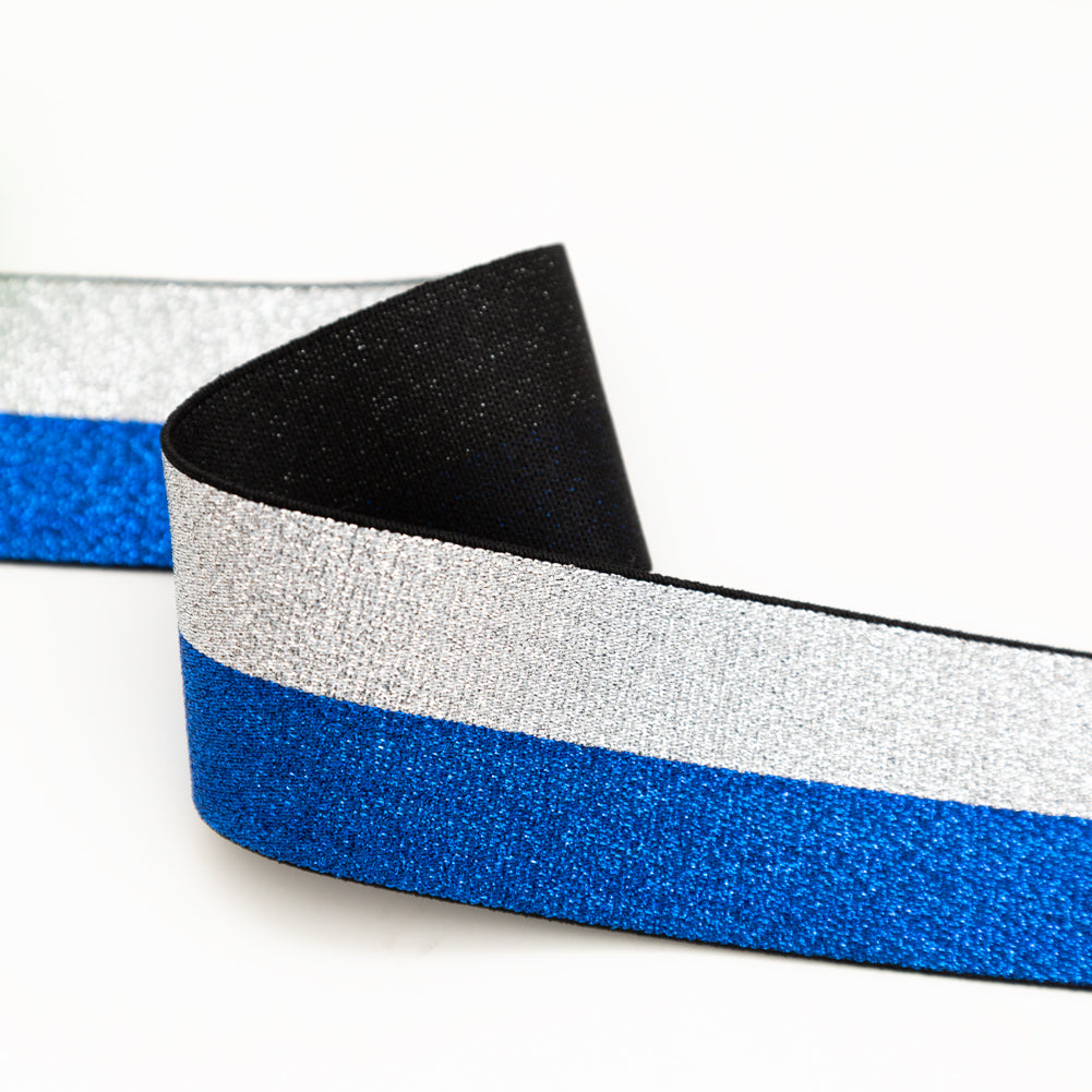 Italian Metallic Blue and Silver Striped Elastic Ribbon - 1.625" Detail
