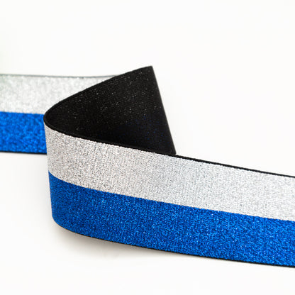 Italian Metallic Blue and Silver Striped Elastic Ribbon - 1.625" Detail