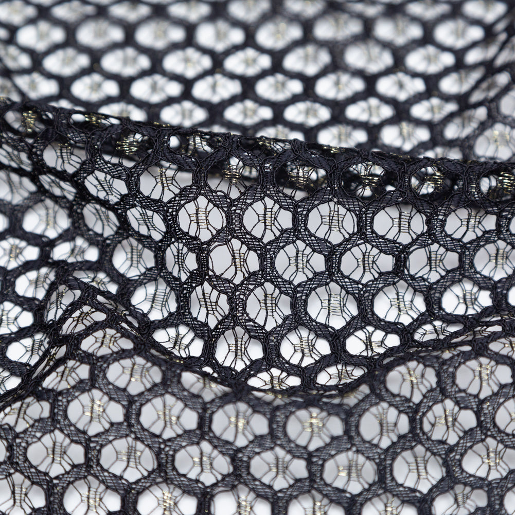 Stretch Corded Chantilly Lace - Metallic Gold and Black Geometric Detail