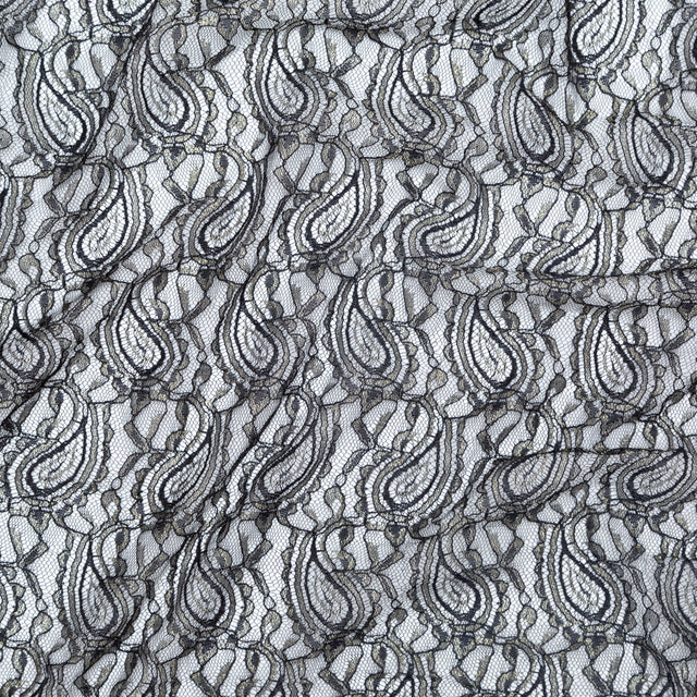 Stretch Corded Chantilly Lace - Metallic Gold and Black Paisley