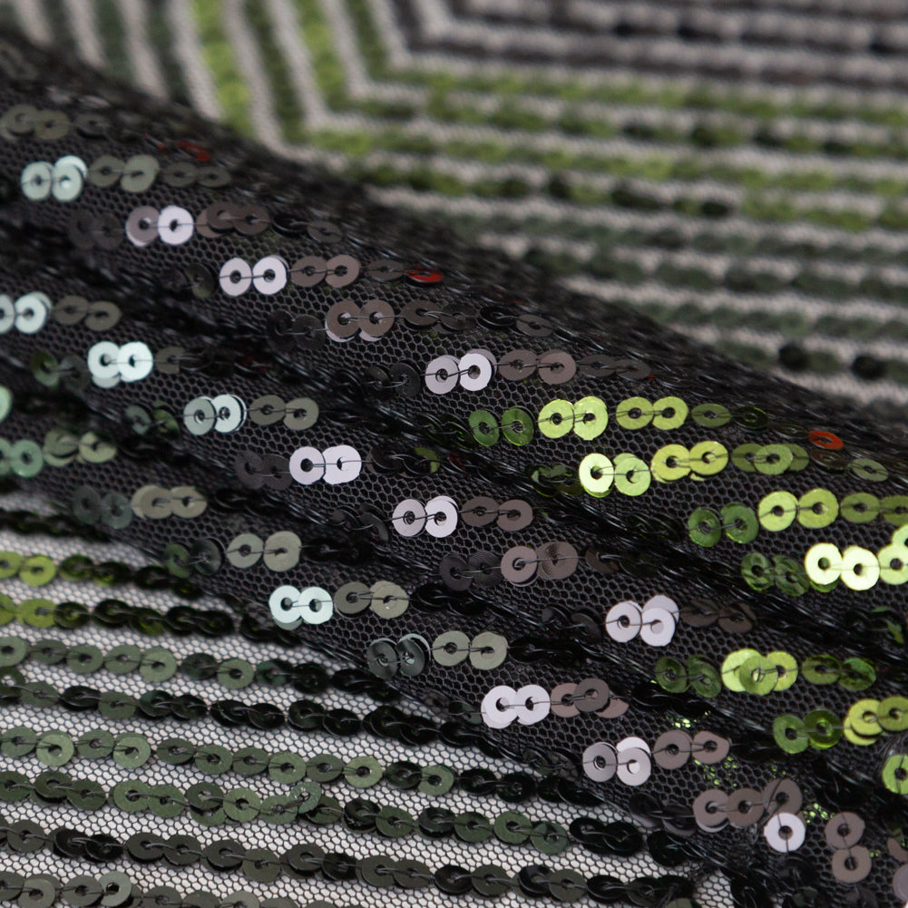 Tulle with Baby Sequins - Gradient Green Zig Zag on Black Detail