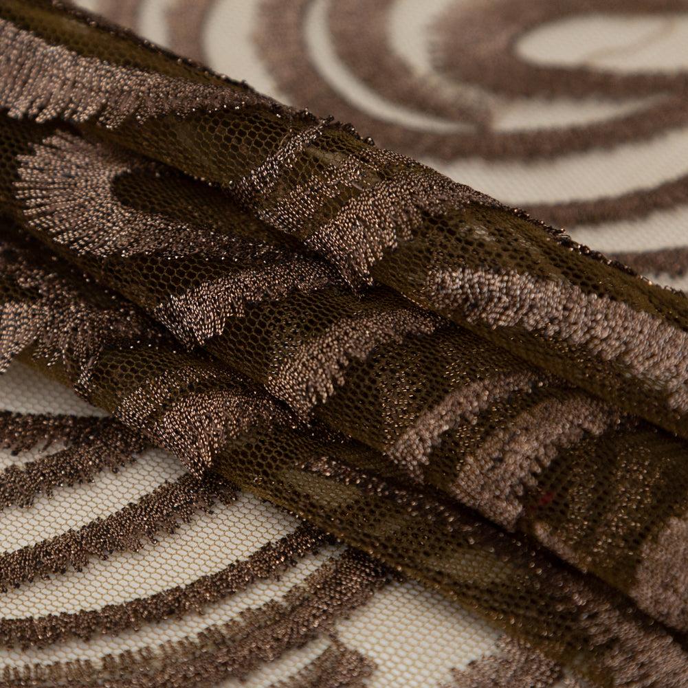 Abstract Embroidered Tulle - Metallic Copper Folded