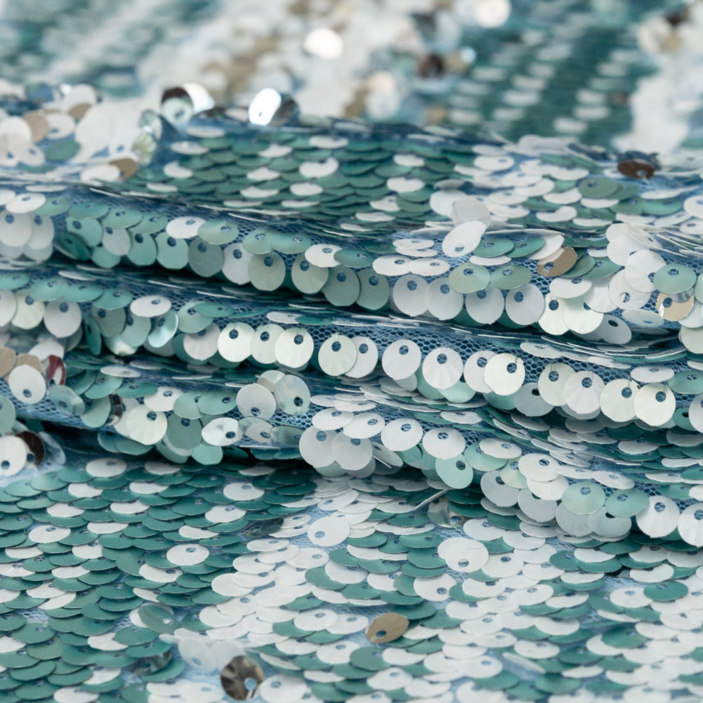 Mesh with Shell Sequins - Cerulean and White Stripes on Sky Blue Folded