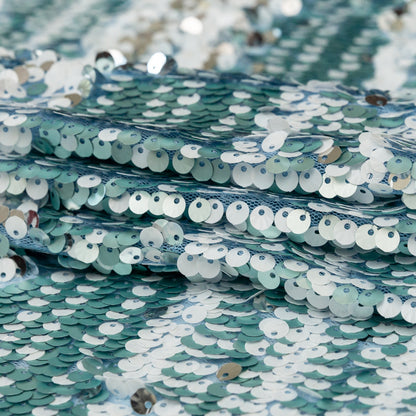 Mesh with Shell Sequins - Cerulean and White Stripes on Sky Blue Folded