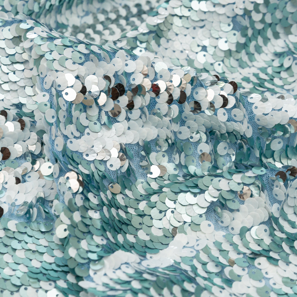 Mesh with Shell Sequins - Cerulean and White Stripes on Sky Blue Detail