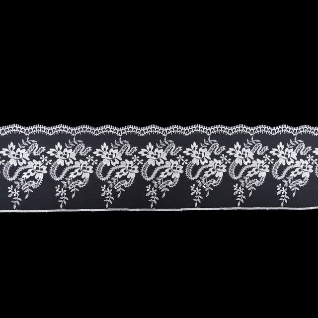 European Off-White Floral Embroidered Lace on Mesh - 4"