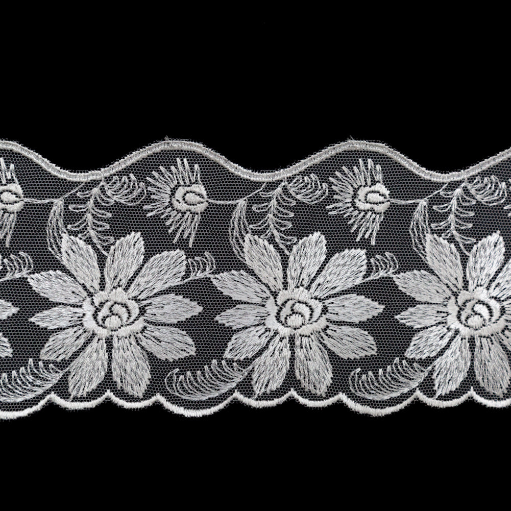 European White Floral Scalloped Embroidery Lace on Mesh - 3.375" Detail