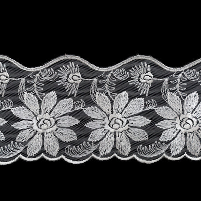 European White Floral Scalloped Embroidery Lace on Mesh - 3.375" Detail