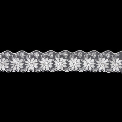 European White Floral Scalloped Embroidery Lace on Mesh - 3.375"