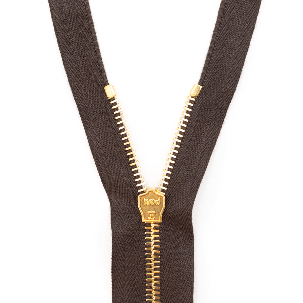 Mood Exclusive Italian Brown and Gold T5 Open End Metal Zipper - 27.5" Detail