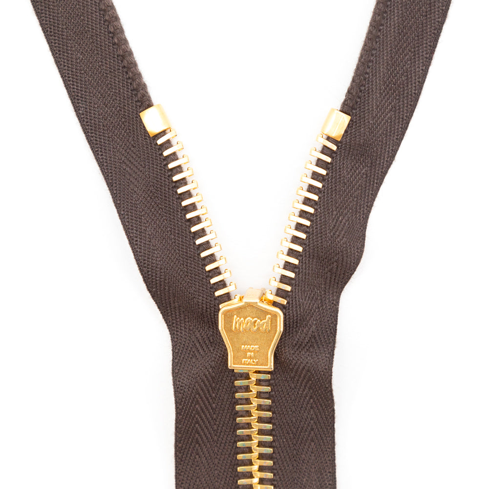 Mood Exclusive Italian Brown and Gold T8 Closed End Metal Zipper - 9" Detail