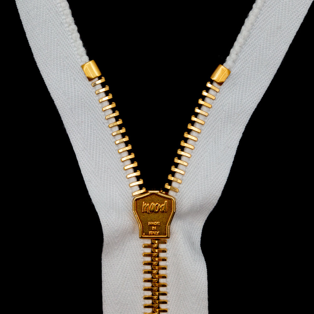 Mood Exclusive Italian White and Gold T8 Closed End Metal Zipper - 9" Detail