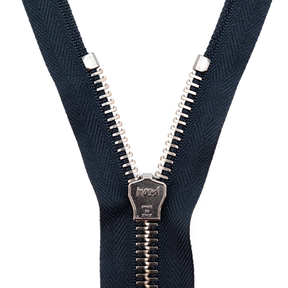 Mood Exclusive Italian Navy and Gunmetal T8 Closed End Metal Zipper - 9" Detail