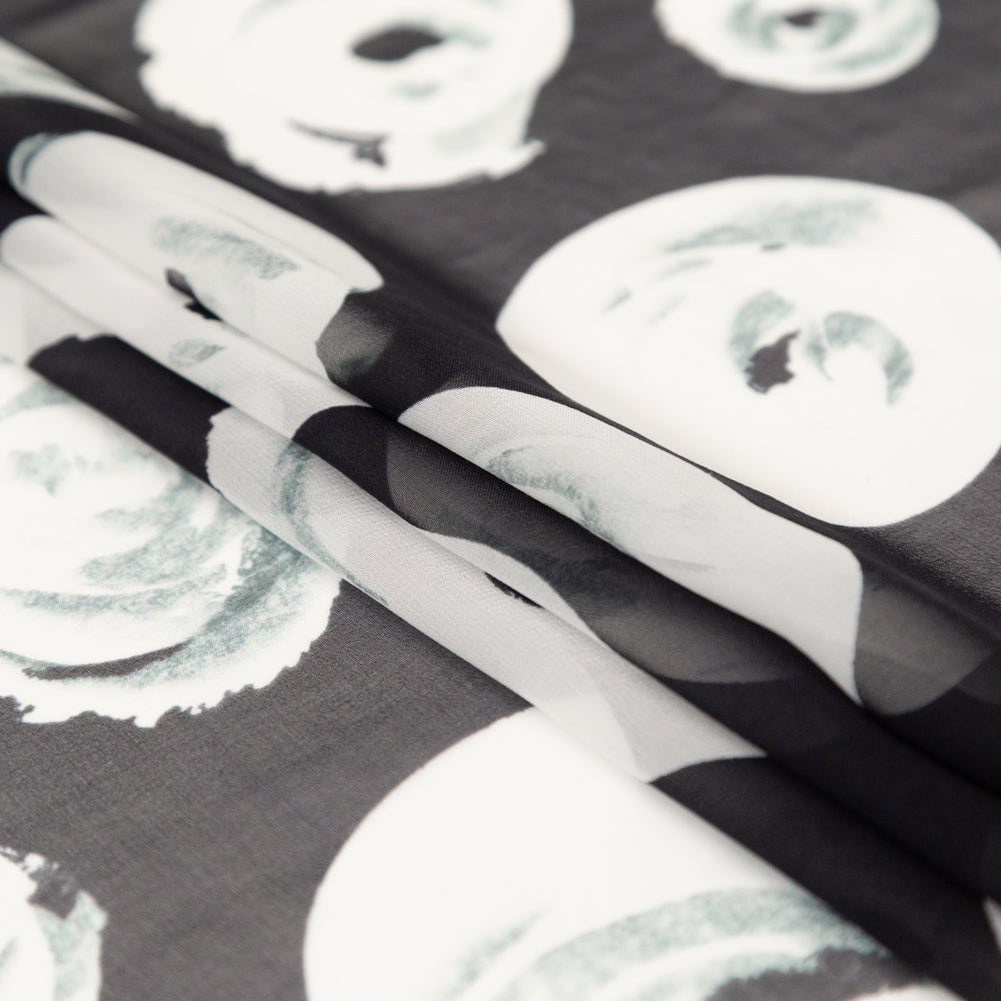 Black and White Rosy Silk Chiffon Folded