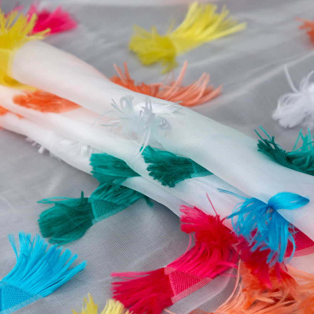 White Silk Chiffon with Multicolor Woven Fringe Triangles Folded