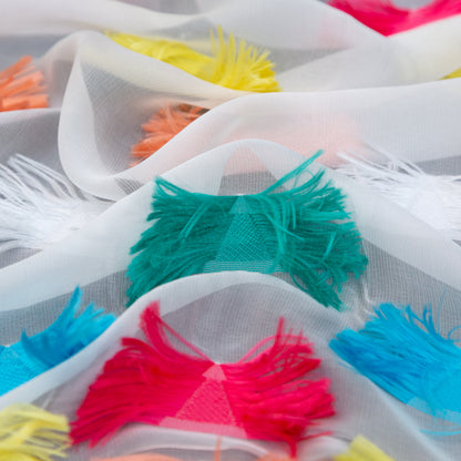 White Silk Chiffon with Multicolor Woven Fringe Triangles Detail