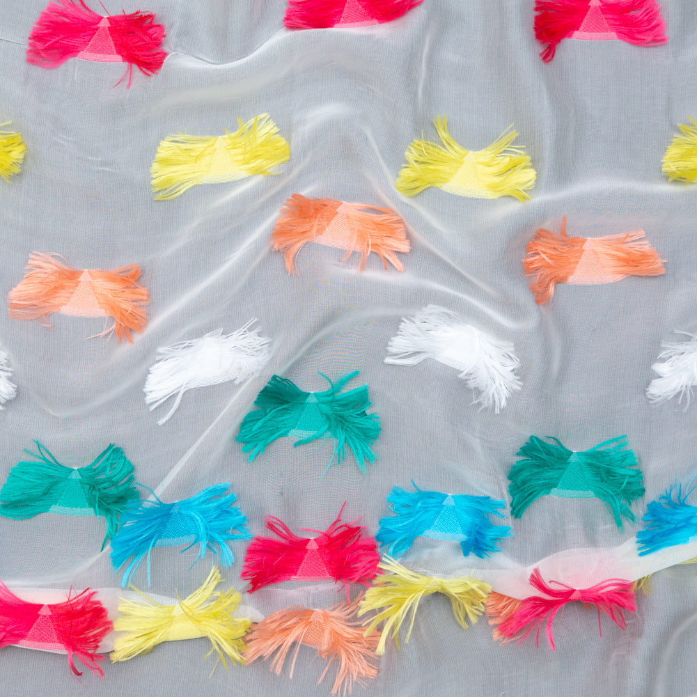 White Silk Chiffon with Multicolor Woven Fringe Triangles