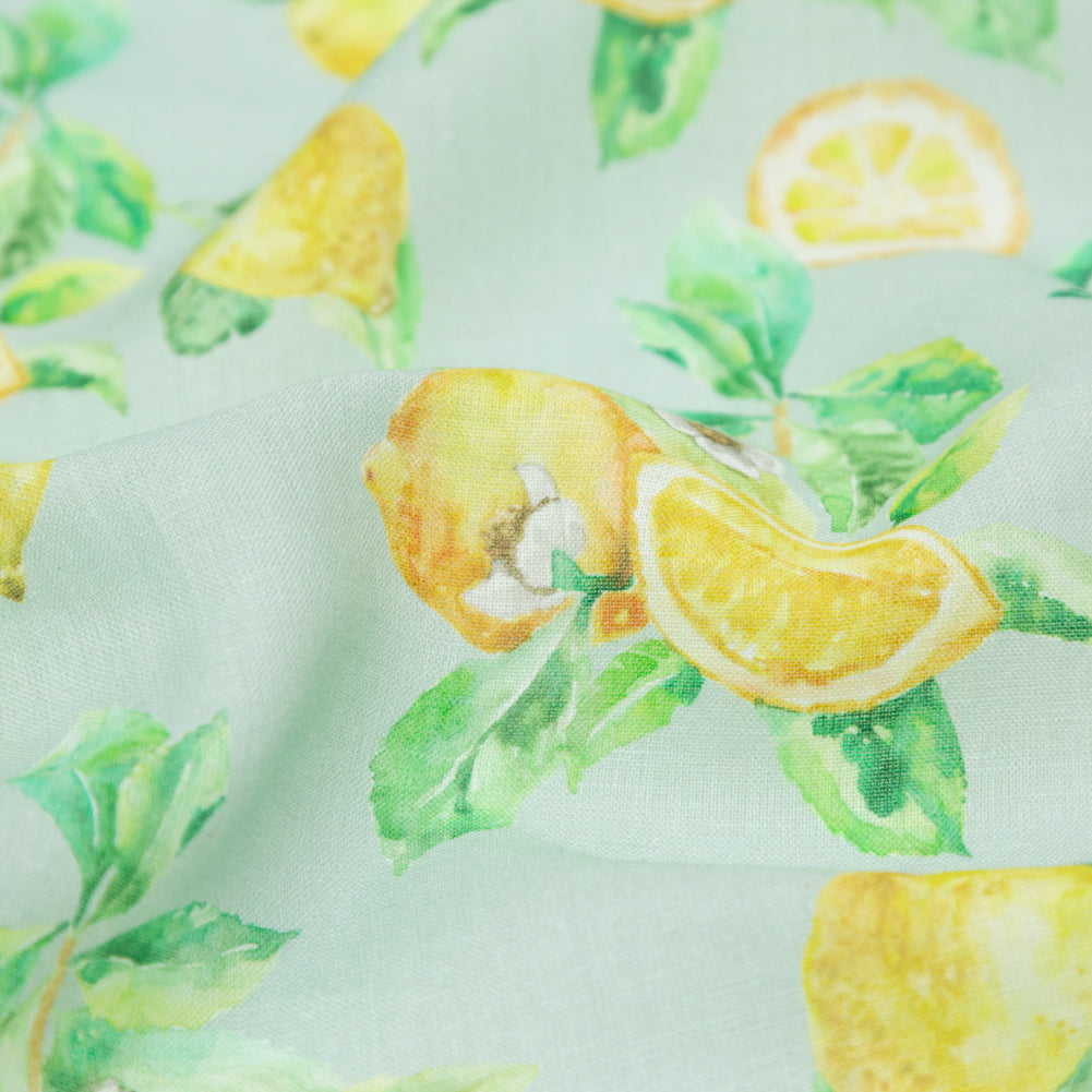 Lemons on Celadon Printed Linen Woven Detail