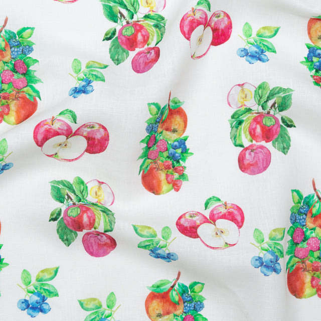 Blueberries and Apples Printed on an Ivory Linen Woven