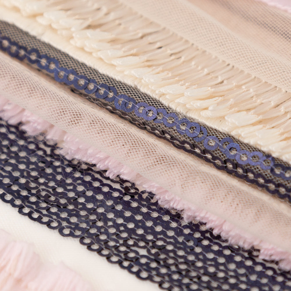 Italian Novelty Pale Beige and Pink Sequins and Fringe Striped Tulle Folded