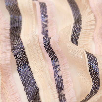 Italian Novelty Pale Beige and Pink Sequins and Fringe Striped Tulle Detail