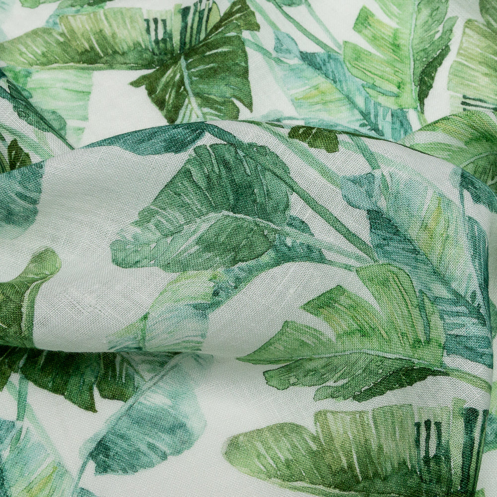 Green Banana and Palm Leaves Printed Ivory Linen Woven Detail