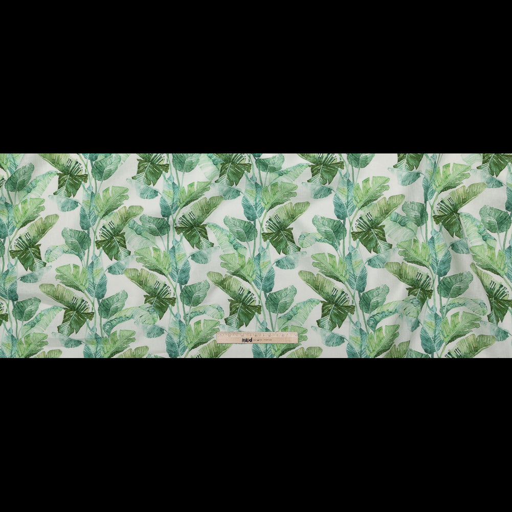 Green Banana and Palm Leaves Printed Ivory Linen Woven Full