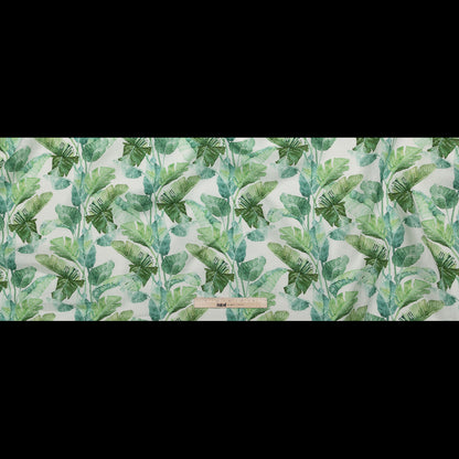 Green Banana and Palm Leaves Printed Ivory Linen Woven Full