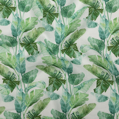 Green Banana and Palm Leaves Printed Ivory Linen Woven