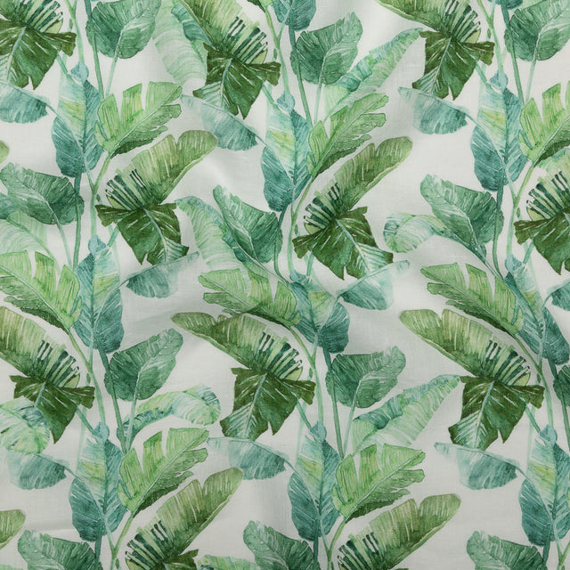 Green Banana and Palm Leaves Printed Ivory Linen Woven