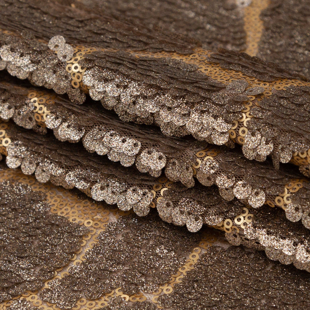 Mesh with Sequins - Metallic Bronze Cracking Spots on Dark Beige Folded