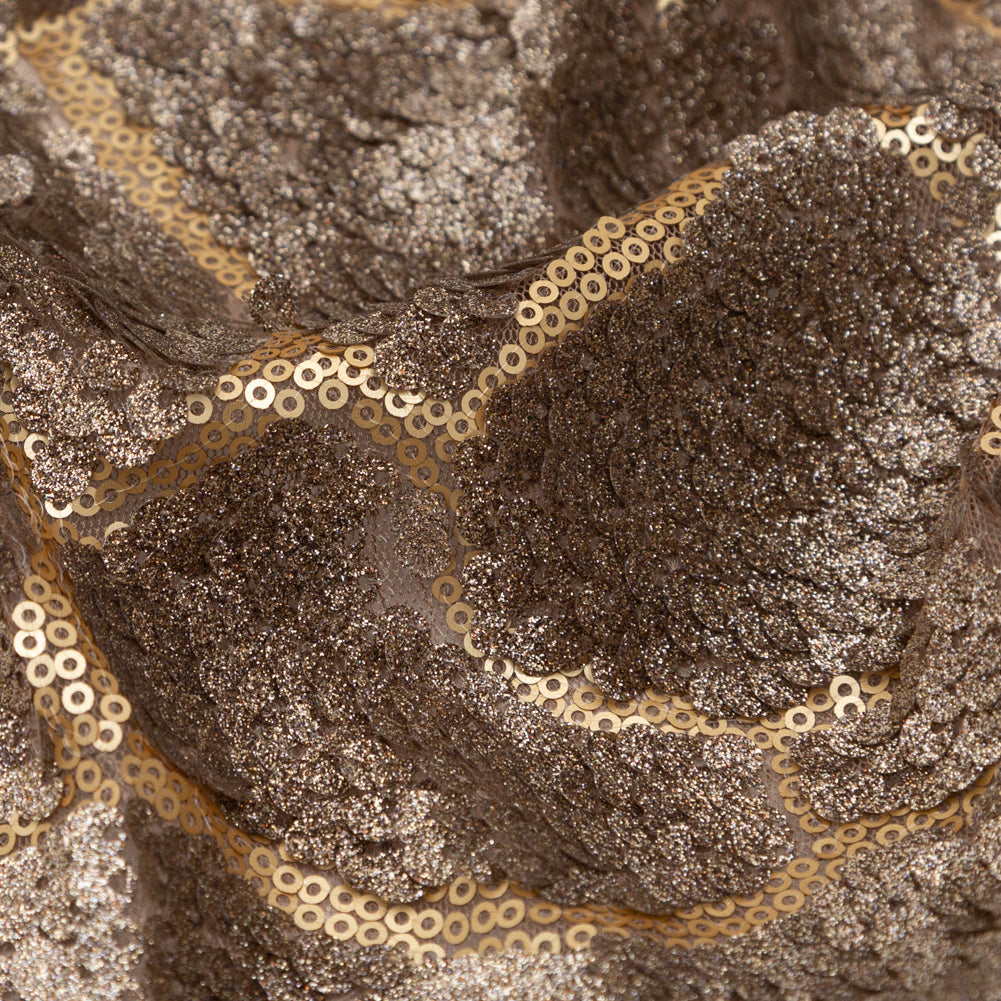 Mesh with Sequins - Metallic Bronze Cracking Spots on Dark Beige Detail