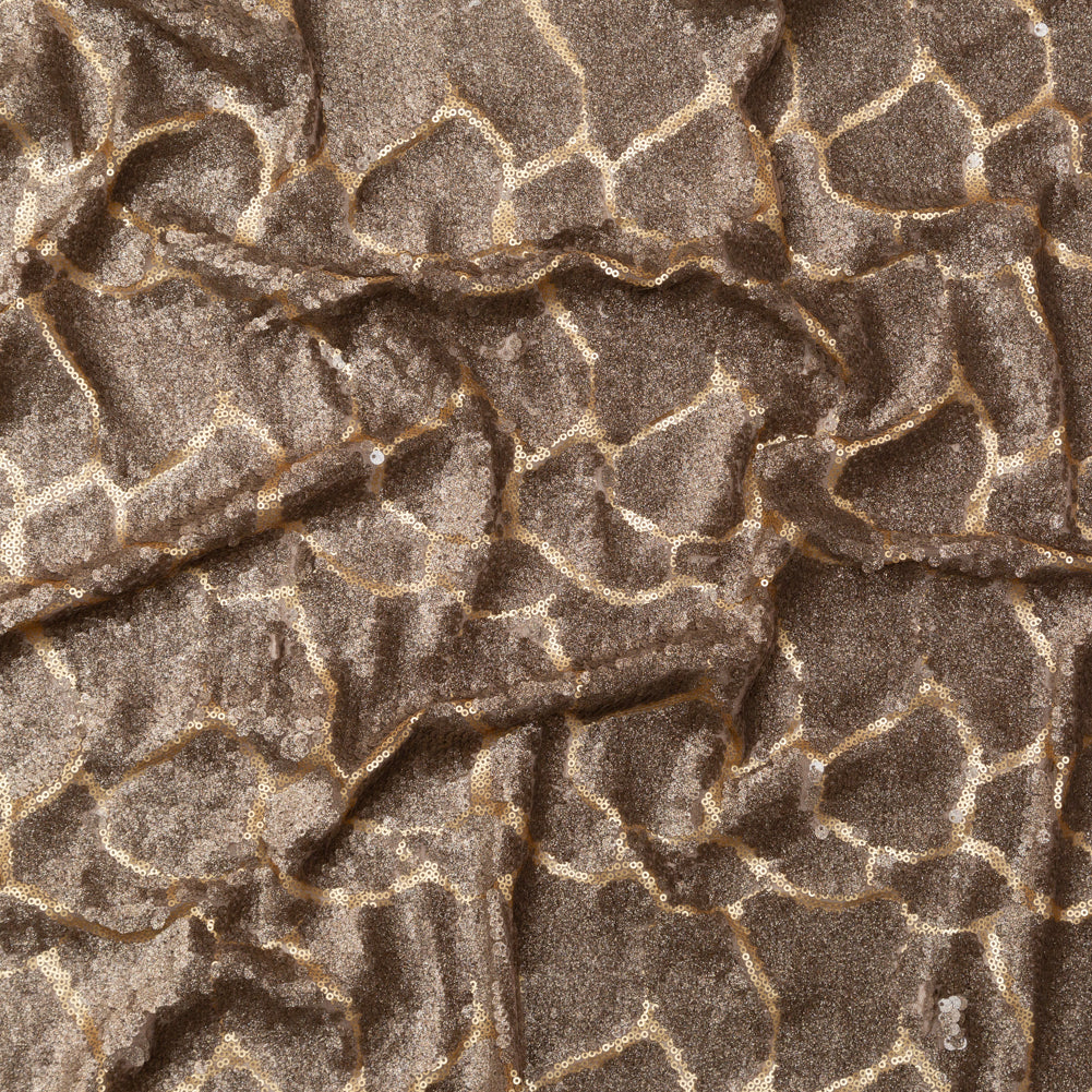 Mesh with Sequins - Metallic Bronze Cracking Spots on Dark Beige