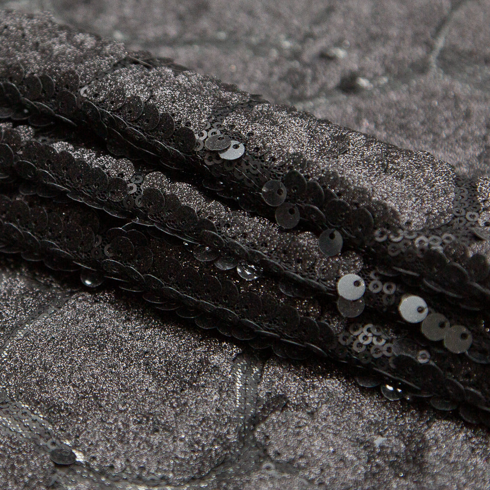 Mesh with Sequins - Metallic Black Cracking Spots on Black Folded