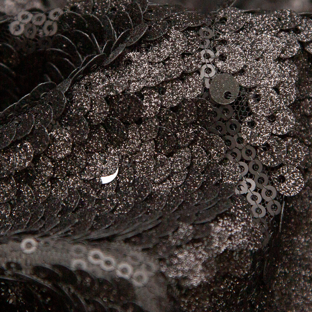 Mesh with Sequins - Metallic Black Cracking Spots on Black Detail