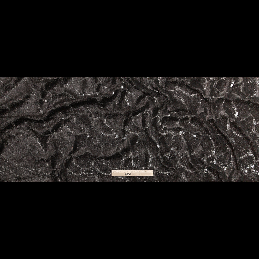 Mesh with Sequins - Metallic Black Cracking Spots on Black Full