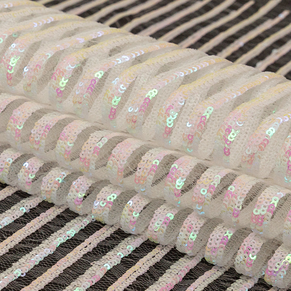 Netting with Baby Sequins - Flamingo Pink and Green Iridescent Stripes on White Folded
