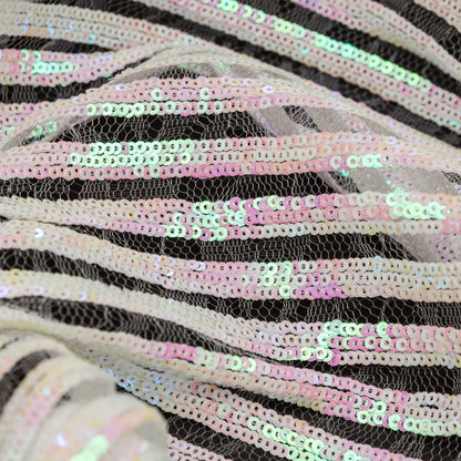 Netting with Baby Sequins - Flamingo Pink and Green Iridescent Stripes on White Detail