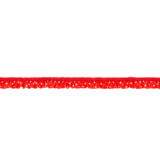 European Red and White Polka Dot Ruffled Stretch Grosgrain .875"