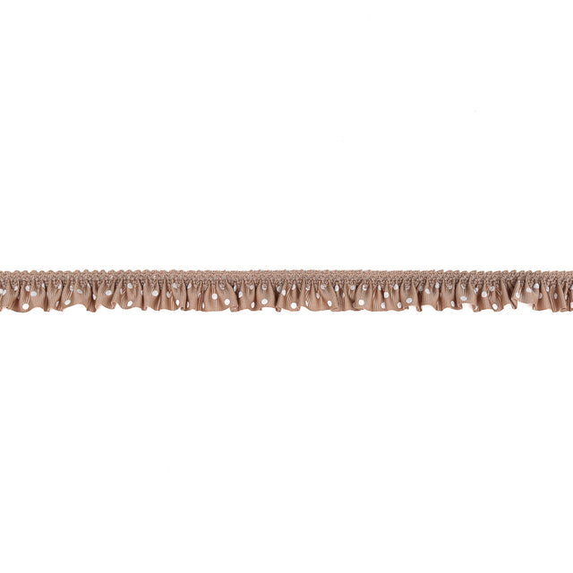 European Light Brown and White Polka Dot Ruffled Stretch Grosgrain .875"