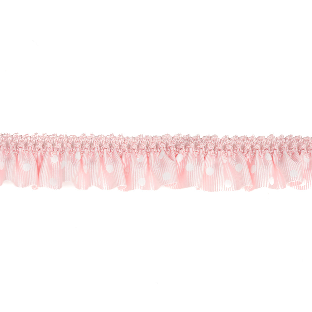 European Light Pink and White Polka Dot Ruffled Stretch Grosgrain .875" Detail
