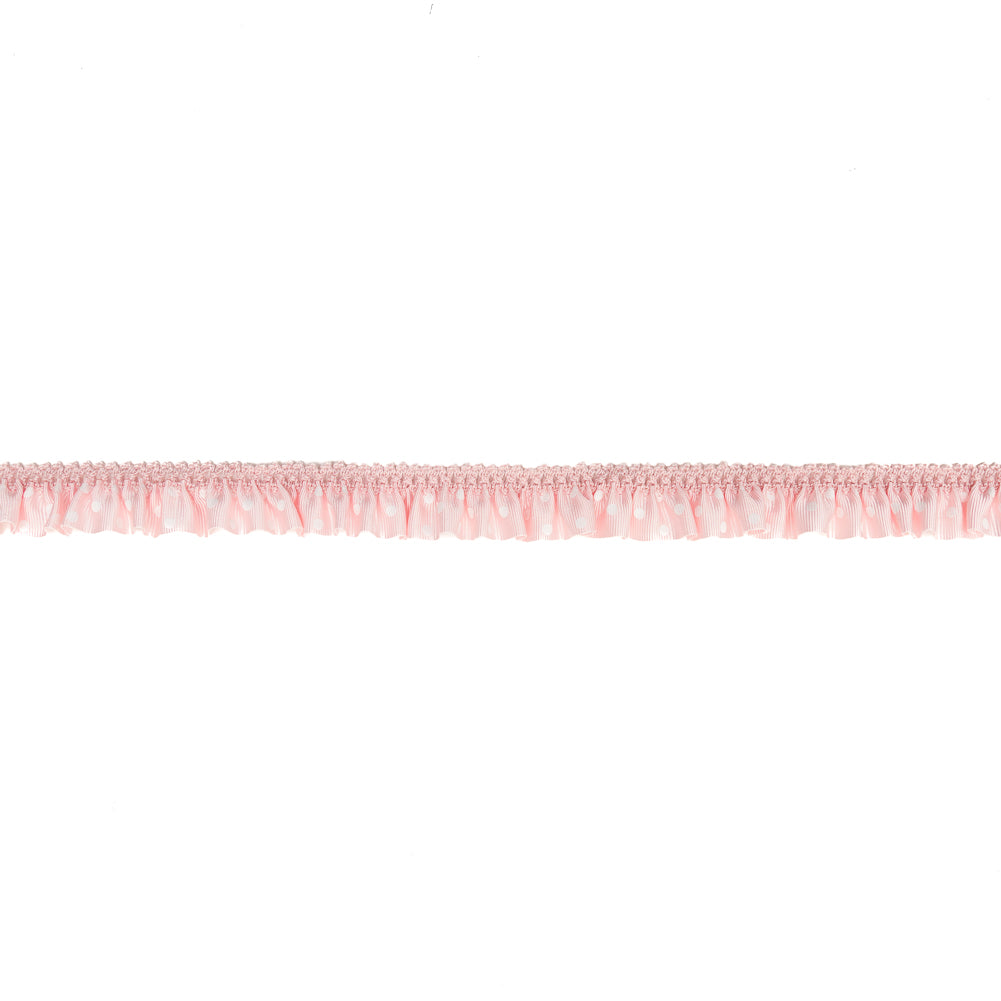European Light Pink and White Polka Dot Ruffled Stretch Grosgrain .875"