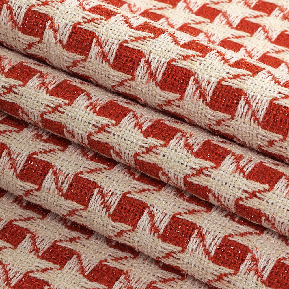 Metallic Dog's Tooth Tweed - Red and Cream Houndstooth - Deadstock Folded