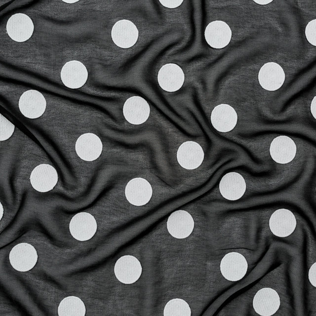 Italian Black Chiffon with 3D White Embroidered Polka Dots