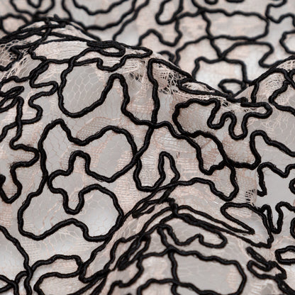 Peach Floral Chantilly Lace with Black Abstract Cording Detail