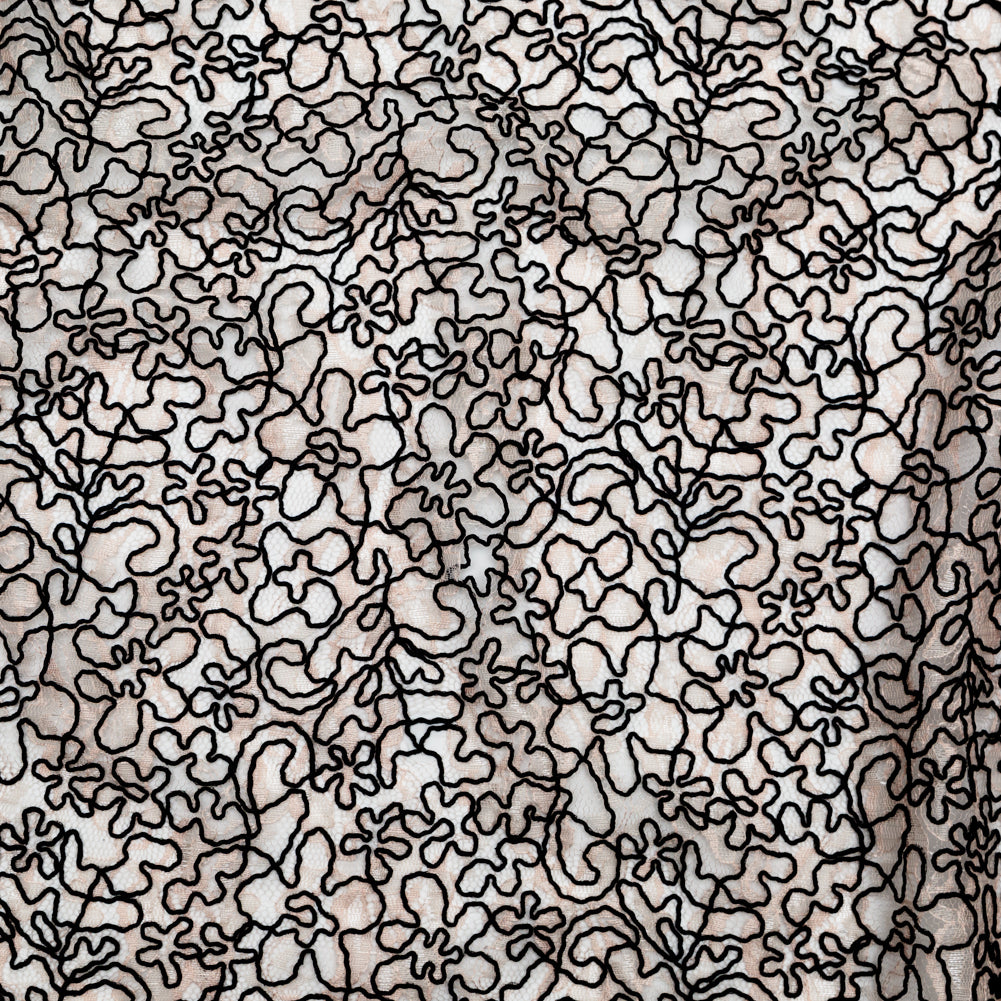 Peach Floral Chantilly Lace with Black Abstract Cording