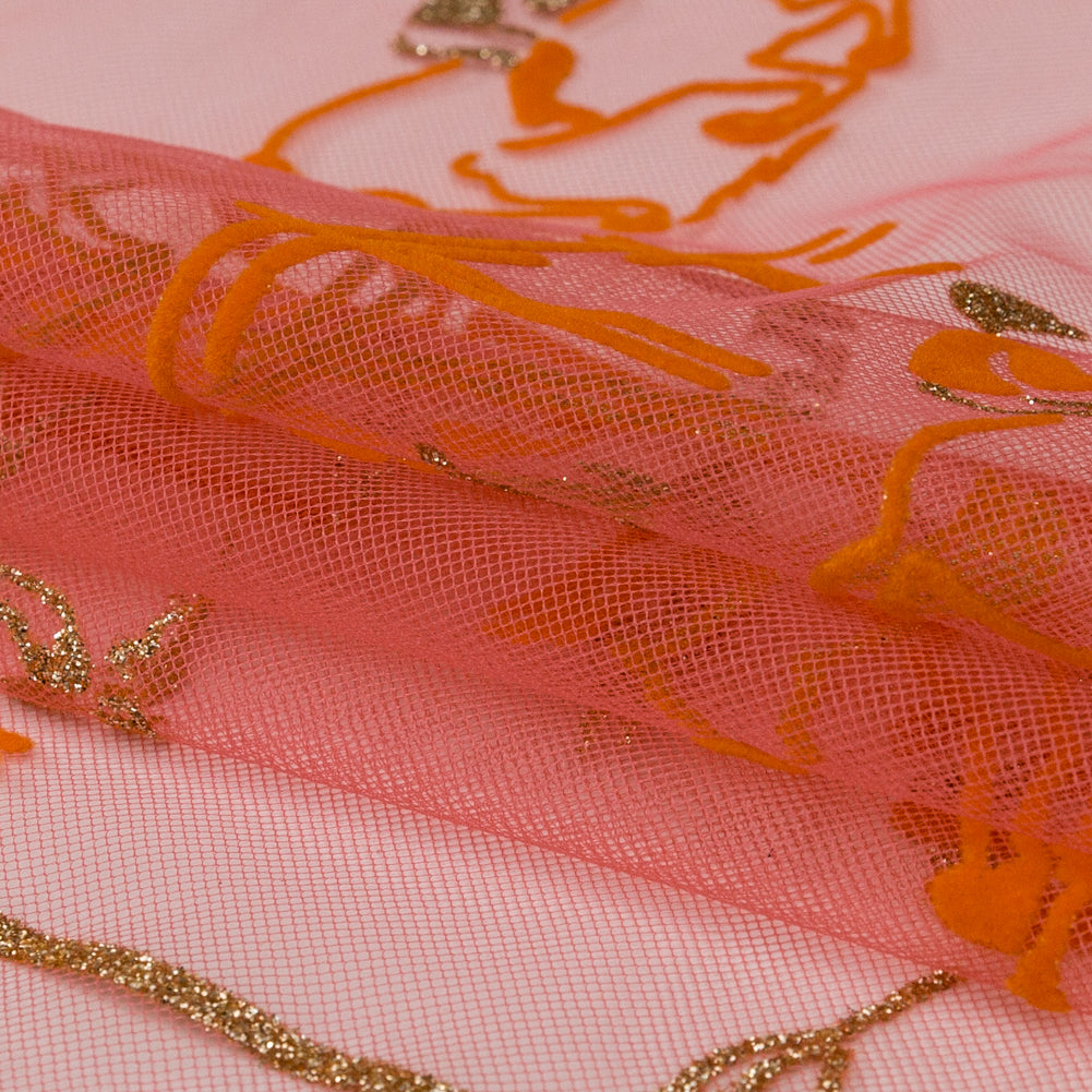 Carolina Herrera Metallic Gold, Hot Pink and Orange Horse Derby Flocked Tulle Folded