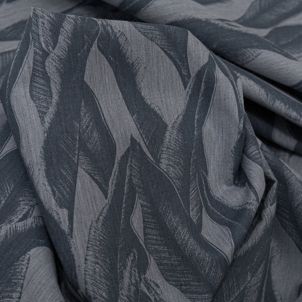Organic Cotton Shirting - Heathered Icelandic Blue and Grisaille Leaves Detail