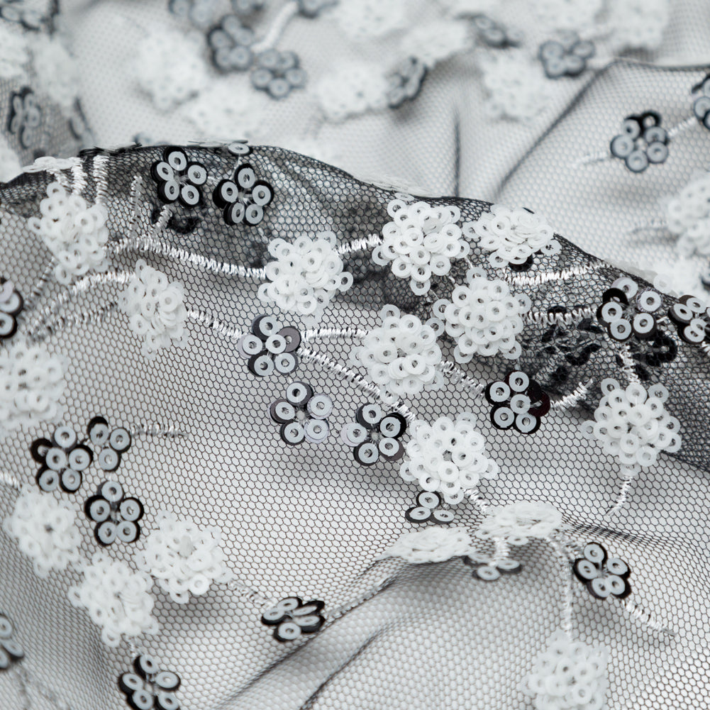 Stretch Net with Sequins - White Fancy Floral Clusters on Black Detail